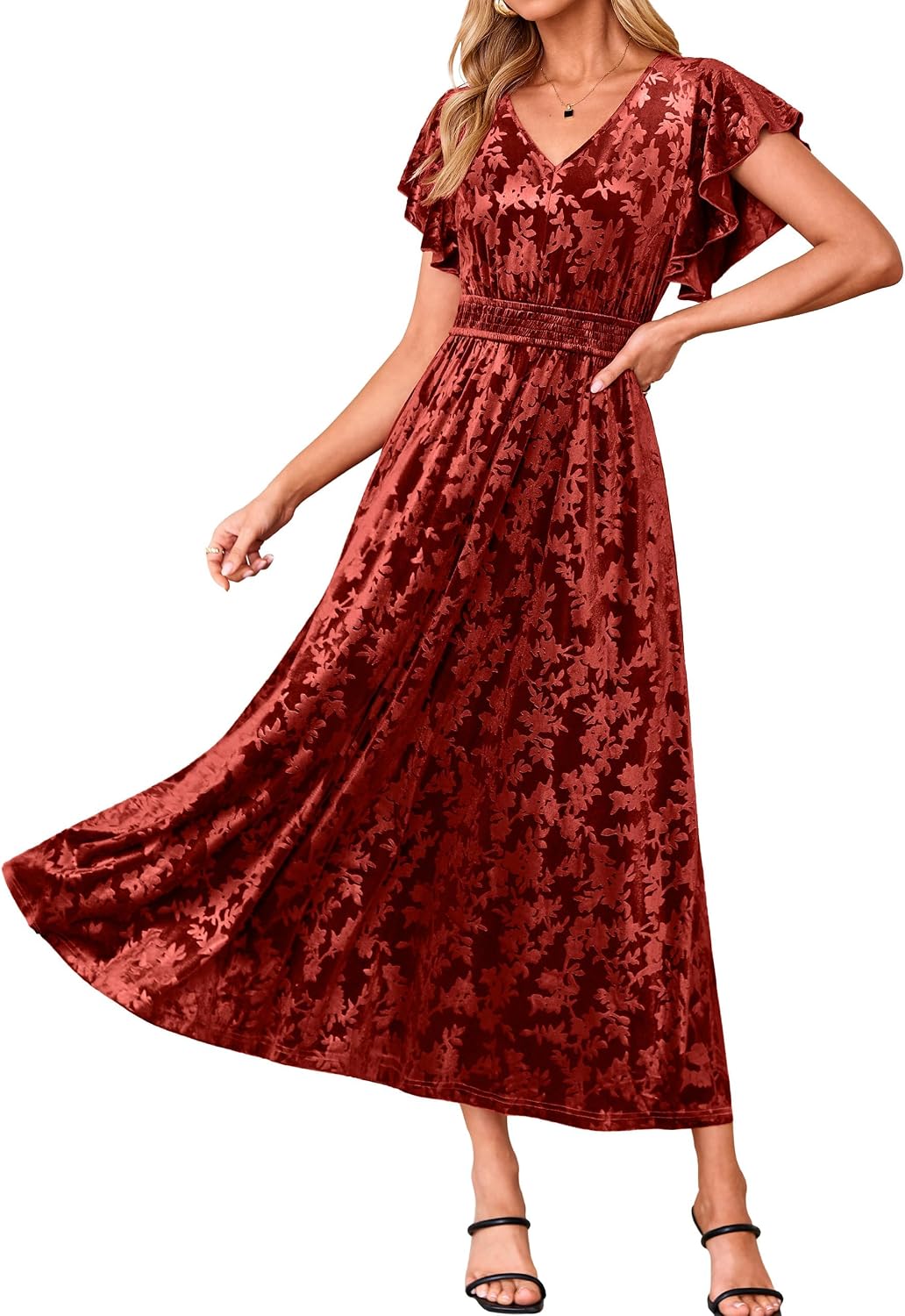BerryGo Women's Fall Velvet Floral Maxi Wedding Guest Dress