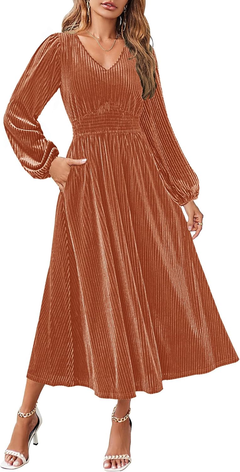 ZESICA Women's Velvet Wedding Guest Cocktail Long Sleeve Winter Dress