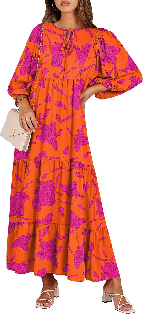ANRABESS Womens Boho Floral 3/4 Puff Sleeve Maxi Dress