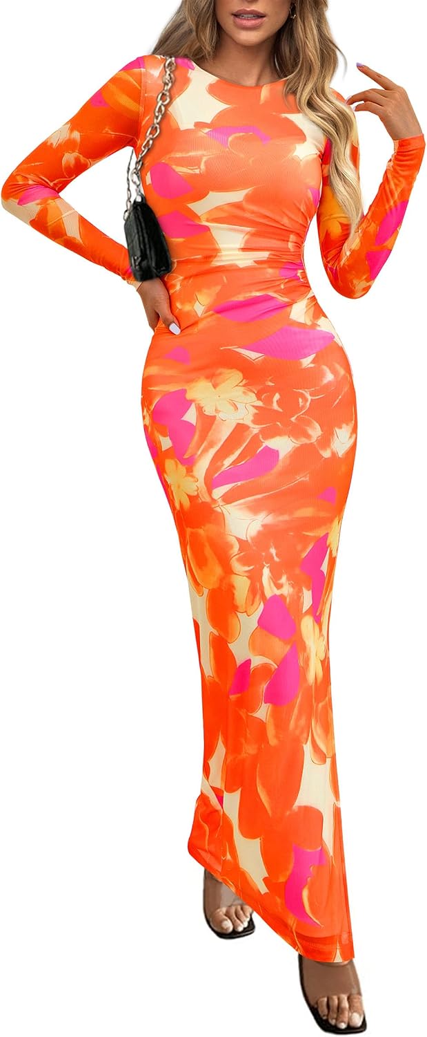 PRETTYGARDEN Women's Floral Bodycon Maxi Fall Dress