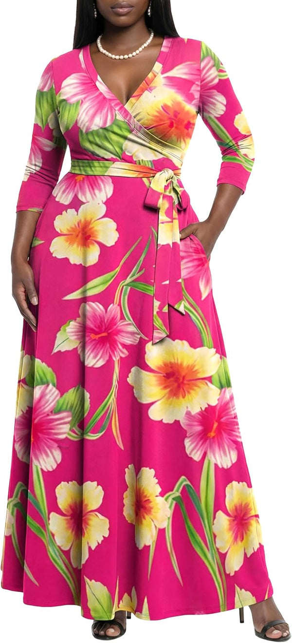 AOMONI Women's Maxi Dresses Summer Casual Wrap Tie Waist Long Dress