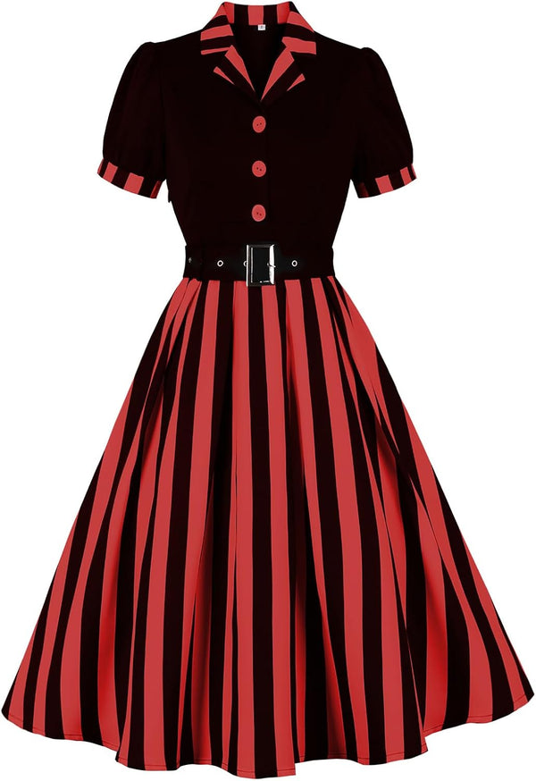 1950s Retro Polka Dot & Stripe Swing Cocktail Dress