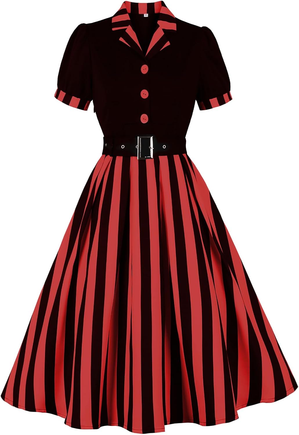 ODIZLI Women's 1950s Retro Dress Short Sleeve Notched Lapel Polka Dot Stripe Swing Dress with Belt Cocktail Dress