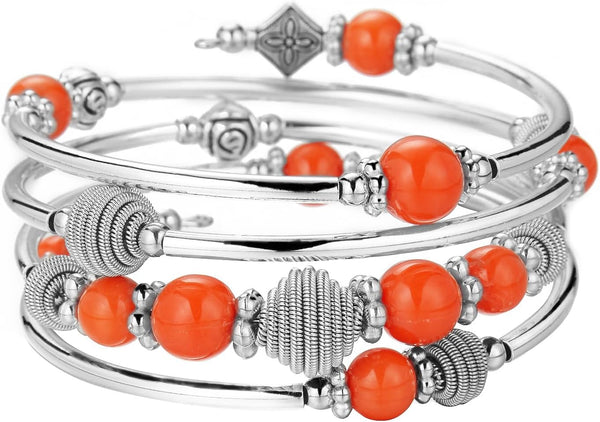 PEARL&CLUB Beaded Chakra Bangle Turquoise Bracelet - Fashion Jewelry Wrap Bracelet with Thick Silver Metal and Mala Beads, Birthday Gifts For Women