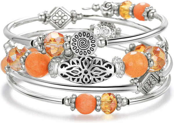Stackable Beaded Bracelets for Women Boho Wrap Silver Bracelet Layered Fashion Jewelry Gifts for Her