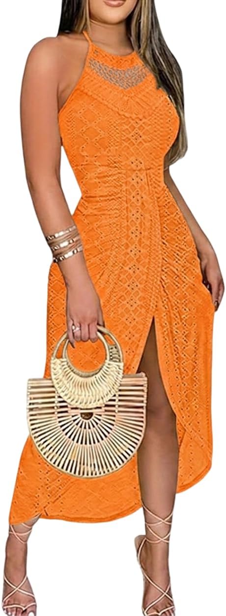 CHICME Womens Summer Halter Dress Hollow Out A Line Vacation Dress