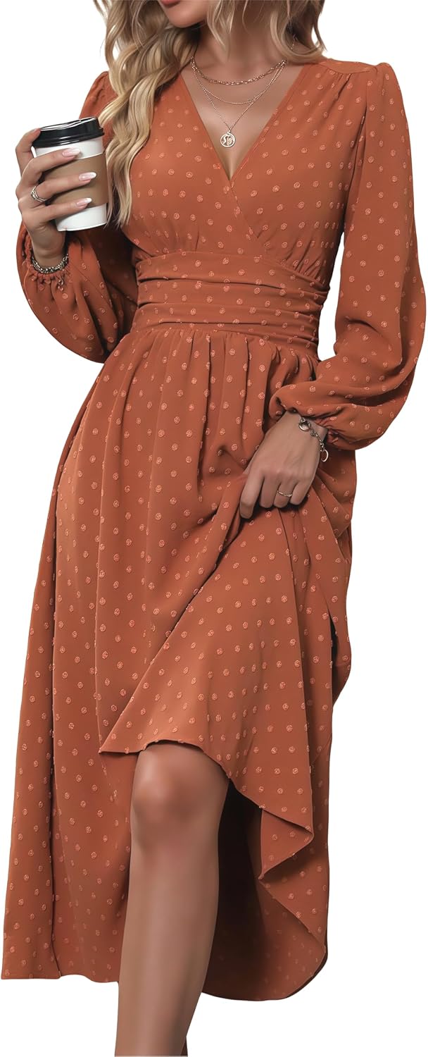 Mettclasi Women's Spring Fall Swiss Dot V-Neck Midi Dress Casual Puff Long Lantern Sleeve A-Line Flowy Wedding Guest Dress