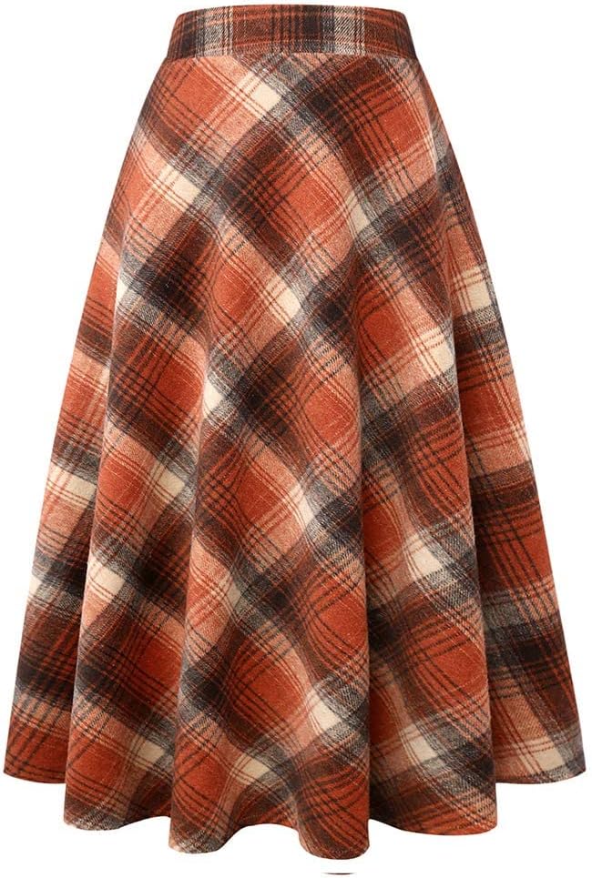 Long Plaid Wool Skirt for Womens Winter Fall Warm High Elastic Waist A line Flared Pleated Wool Tartan Skirts