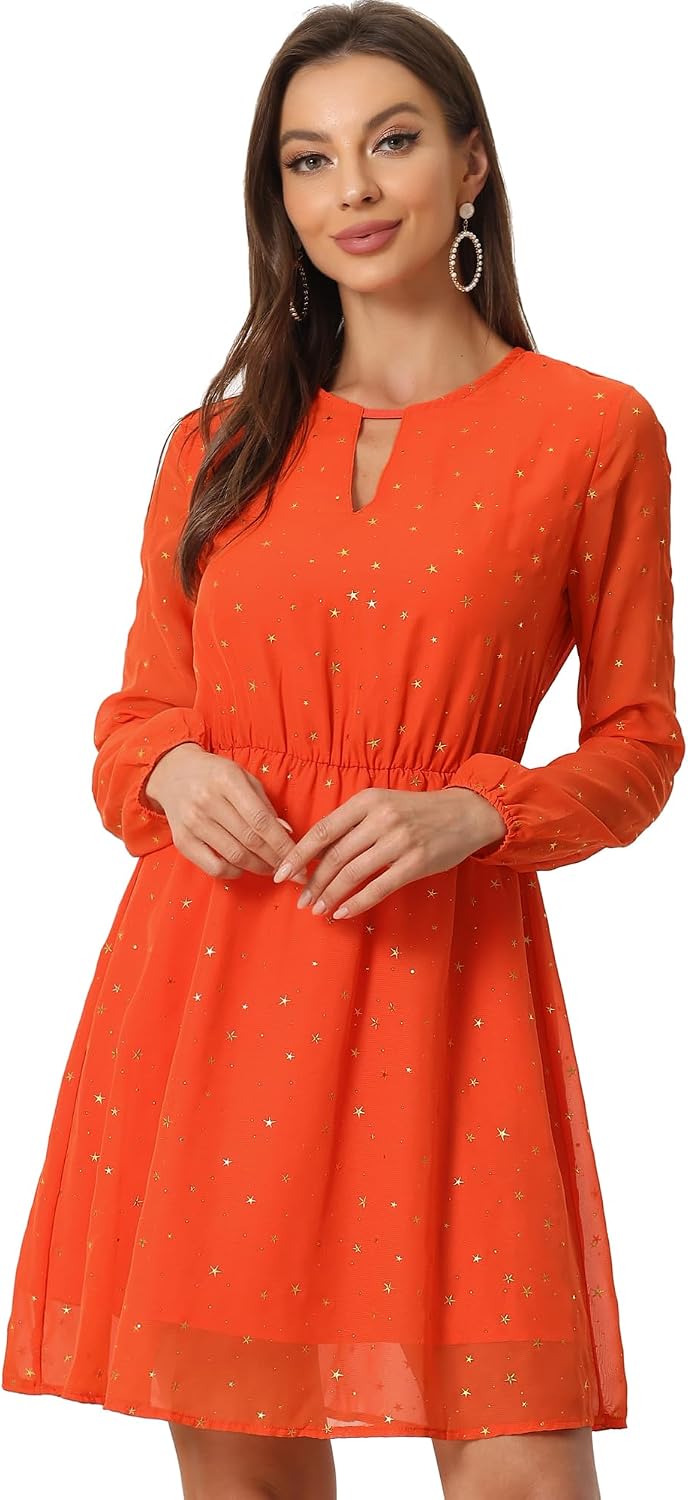 Allegra K Women Metallic Star Choker V Neck Party Flared A-Line Dress