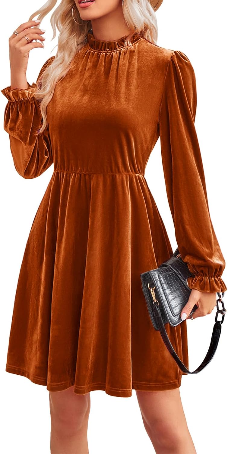 Jayscreate Women's Long Sleeve Winter Fall Wedding Guest Velvet Short Dress