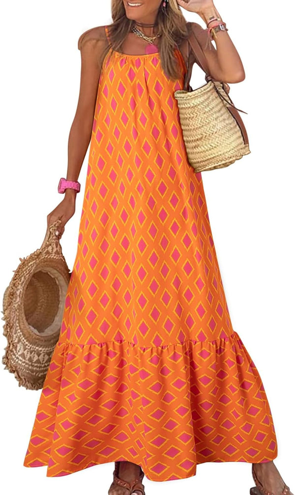 Dokotoo Women Summer Dresses Scoop Neck Ruffle Flowy Boho Maxi Dress