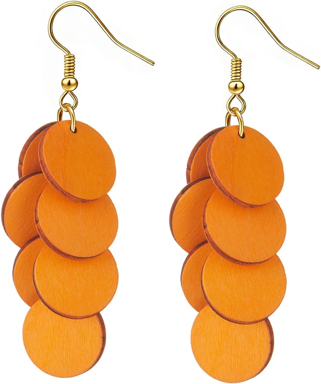 Bohemian Wooden Layered Disc Dangle Earrings