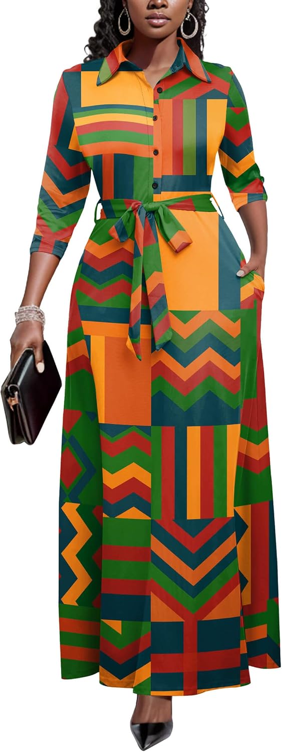 Runwind Womens Maxi Dress 3/4 Sleeve Button Down Church Dress with Pockets