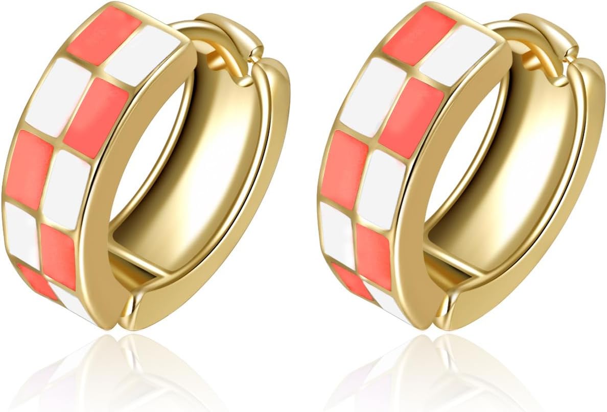 Checker Cartilage Hoops Teacher Earrings for Women White Black Enamel Gold