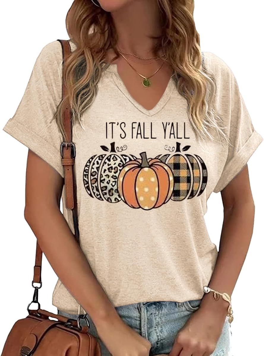 Earlymemb Women Fall Halloween Doodles V Neck Shirt Thanksgiving Casual Tee