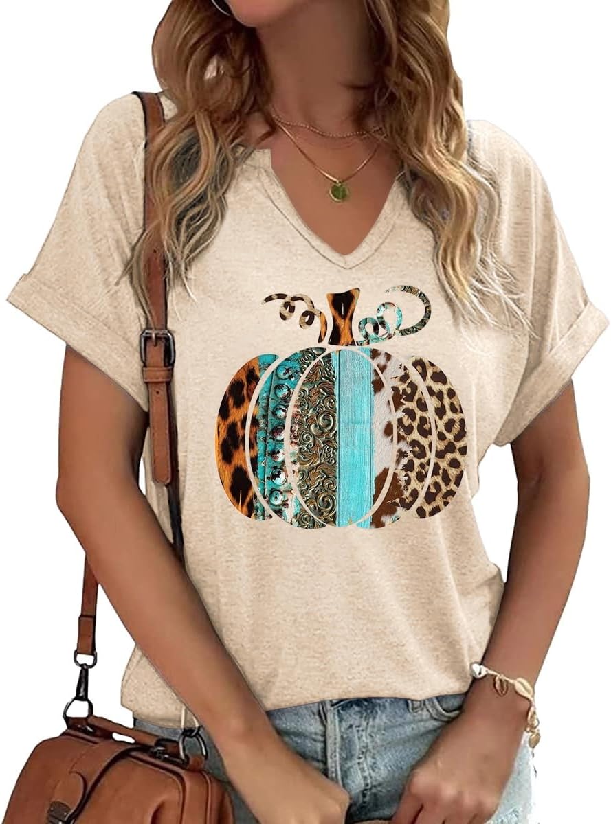 Earlymemb Women Fall Halloween Doodles V Neck Shirt Thanksgiving Casual Tee