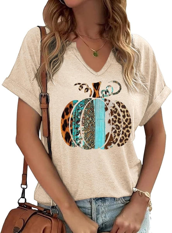 Earlymemb Women Fall Halloween Doodles V Neck Shirt Thanksgiving Casual Tee