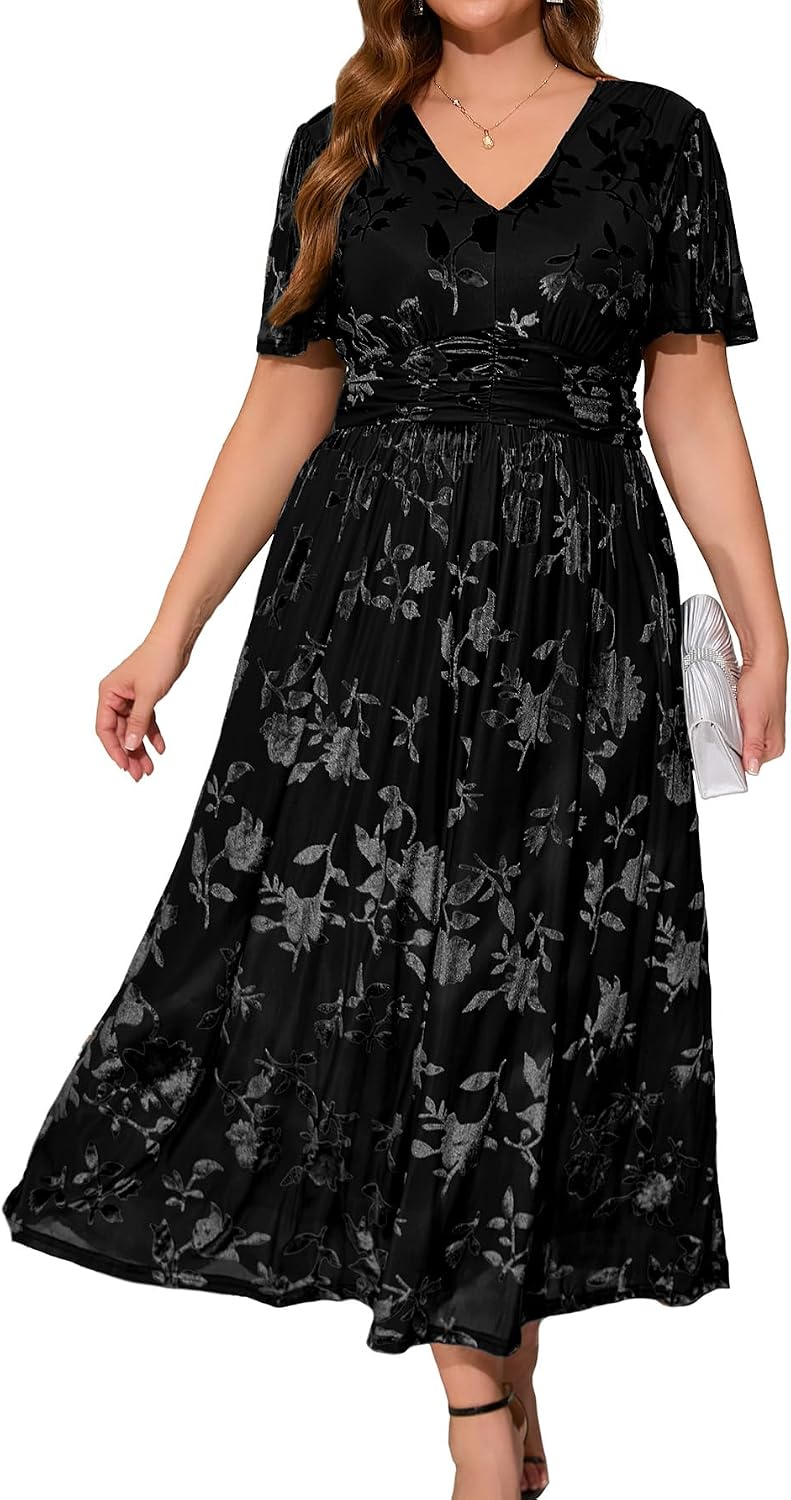 Simplee Women’s V Neck Velvet Maxi Dress Short Sleeve Empire Waist Long Formal Dress for Wedding Guest