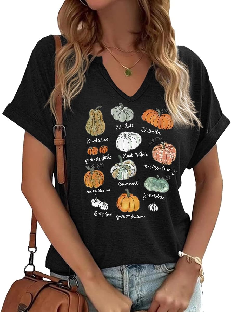 Earlymemb Women Fall Halloween Doodles V Neck Shirt Thanksgiving Casual Tee