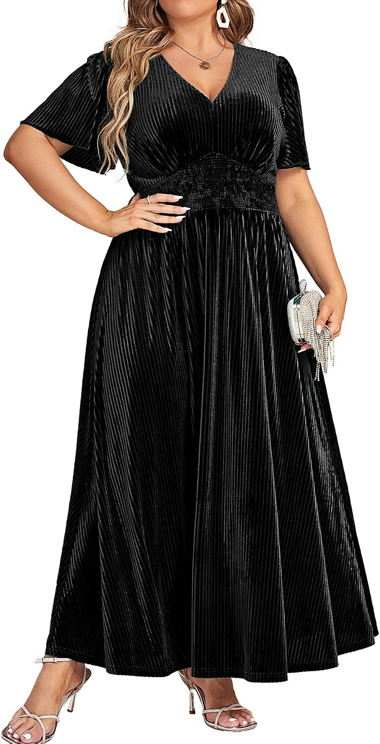 Simplee Women’s V Neck Velvet Maxi Dress Short Sleeve Empire Waist Long Formal Dress for Wedding Guest