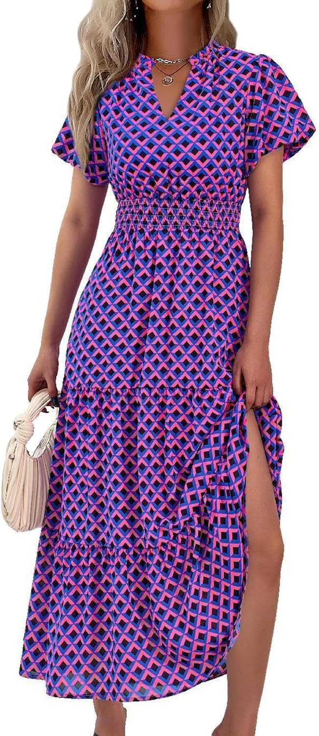 MASCOMODA Summer Maxi Dresses for Women 2026 Short Sleeve Long Floral Dress