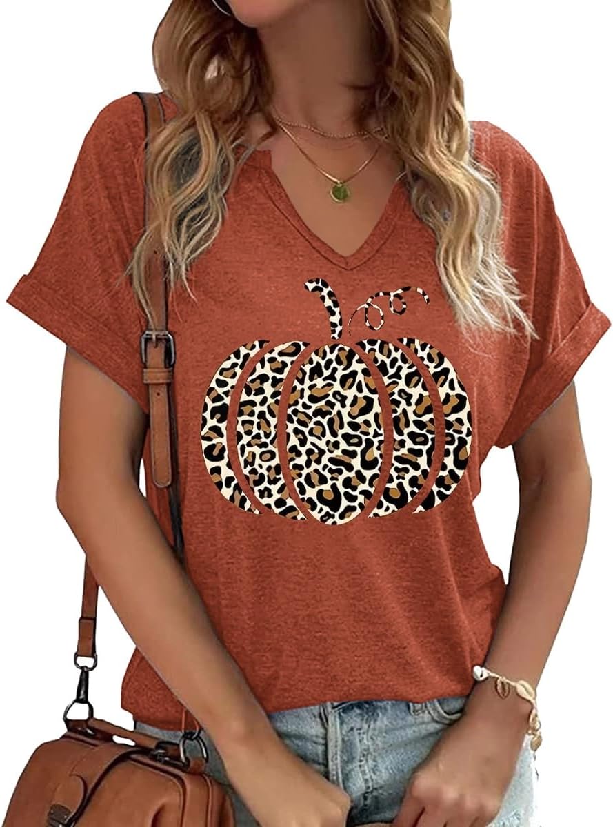 Earlymemb Women Fall Halloween Doodles V Neck Shirt Thanksgiving Casual Tee