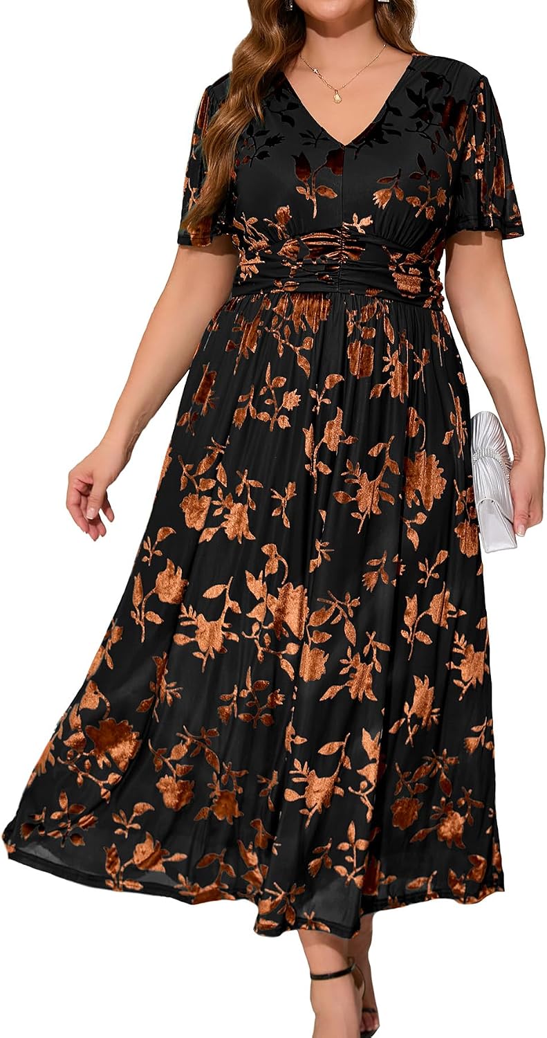 Simplee Women’s V Neck Velvet Maxi Dress Short Sleeve Empire Waist Long Formal Dress for Wedding Guest