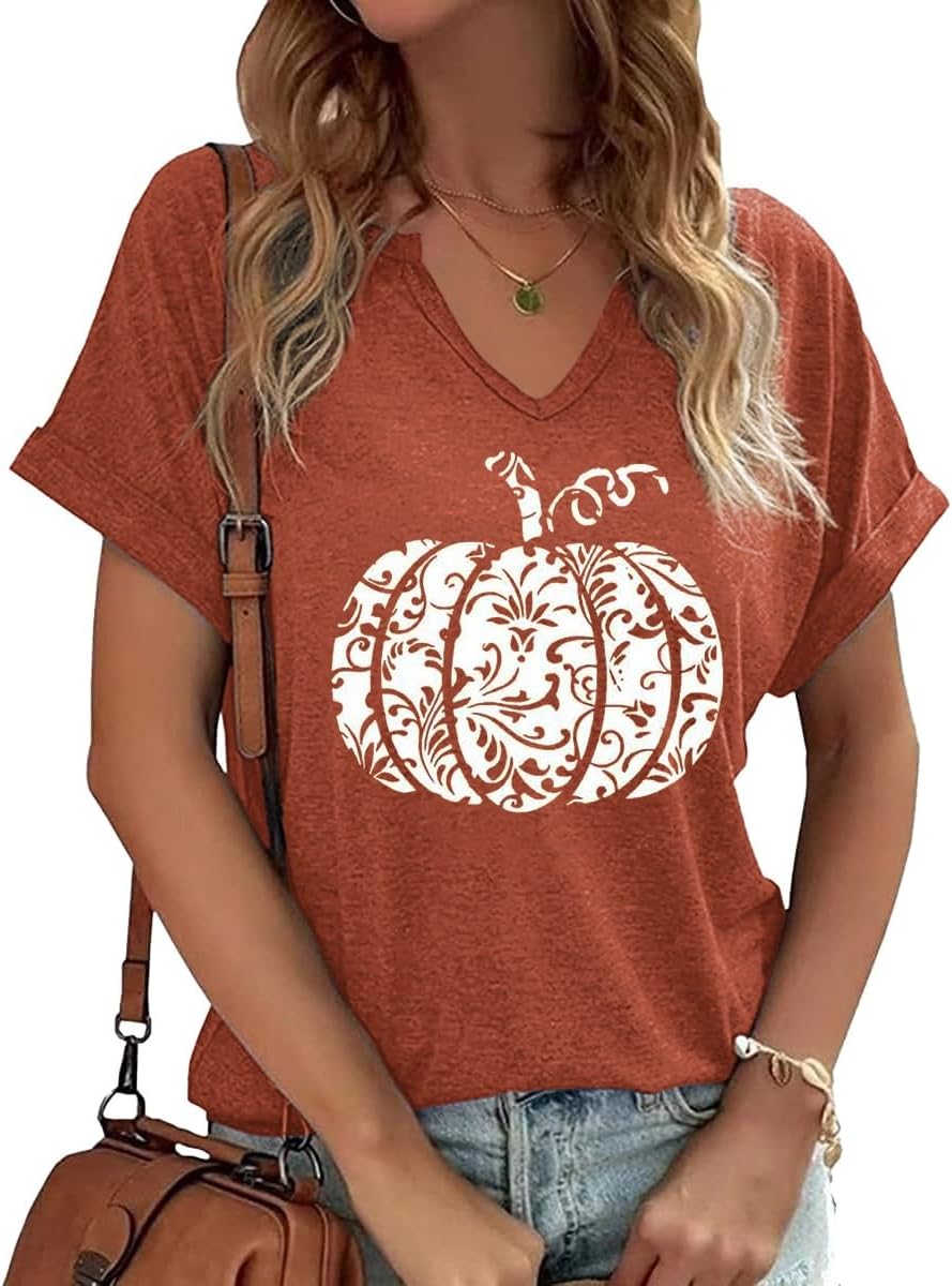 Earlymemb Women Fall Halloween Doodles V Neck Shirt Thanksgiving Casual Tee