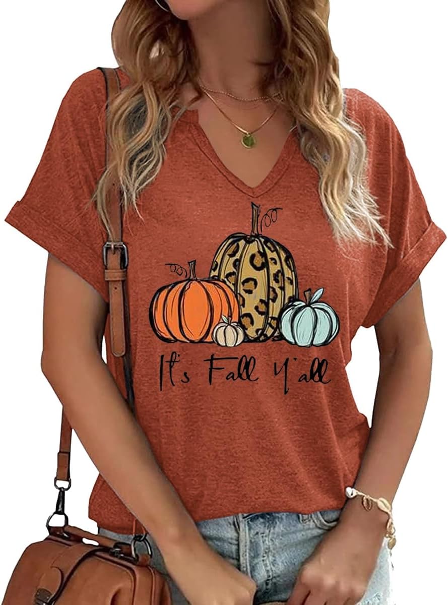 Earlymemb Women Fall Halloween Doodles V Neck Shirt Thanksgiving Casual Tee