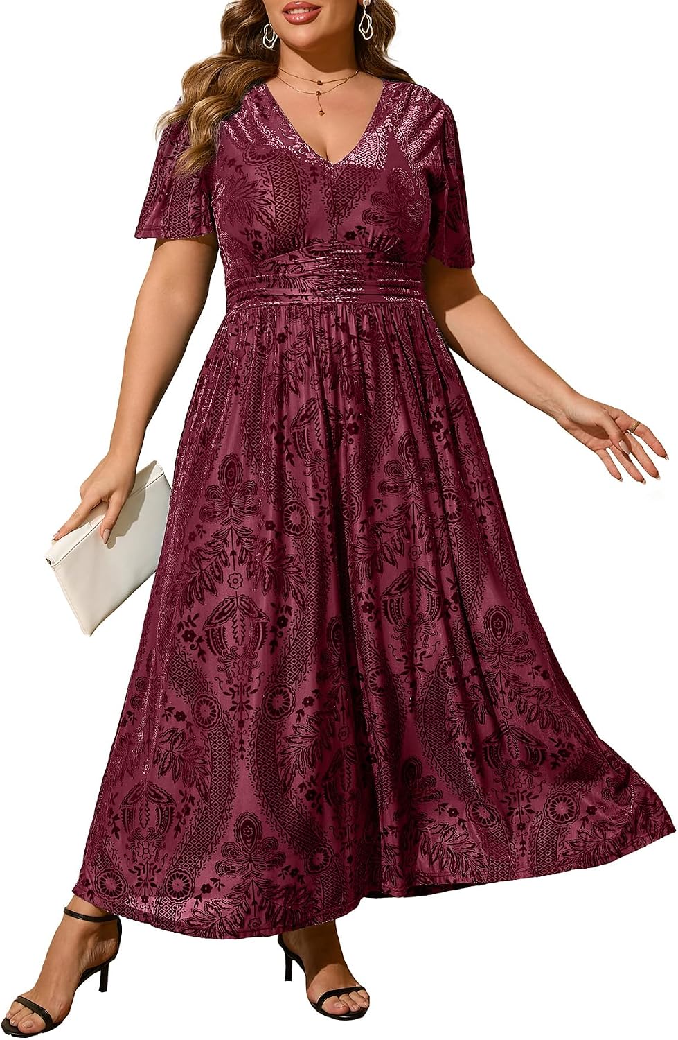 Simplee Women’s V Neck Velvet Maxi Dress Short Sleeve Empire Waist Long Formal Dress for Wedding Guest