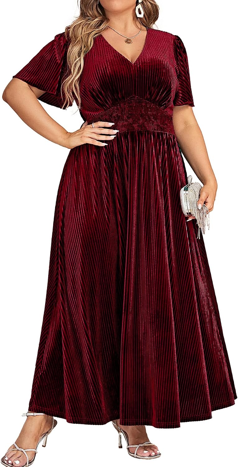 Simplee Women’s V Neck Velvet Maxi Dress Short Sleeve Empire Waist Long Formal Dress for Wedding Guest
