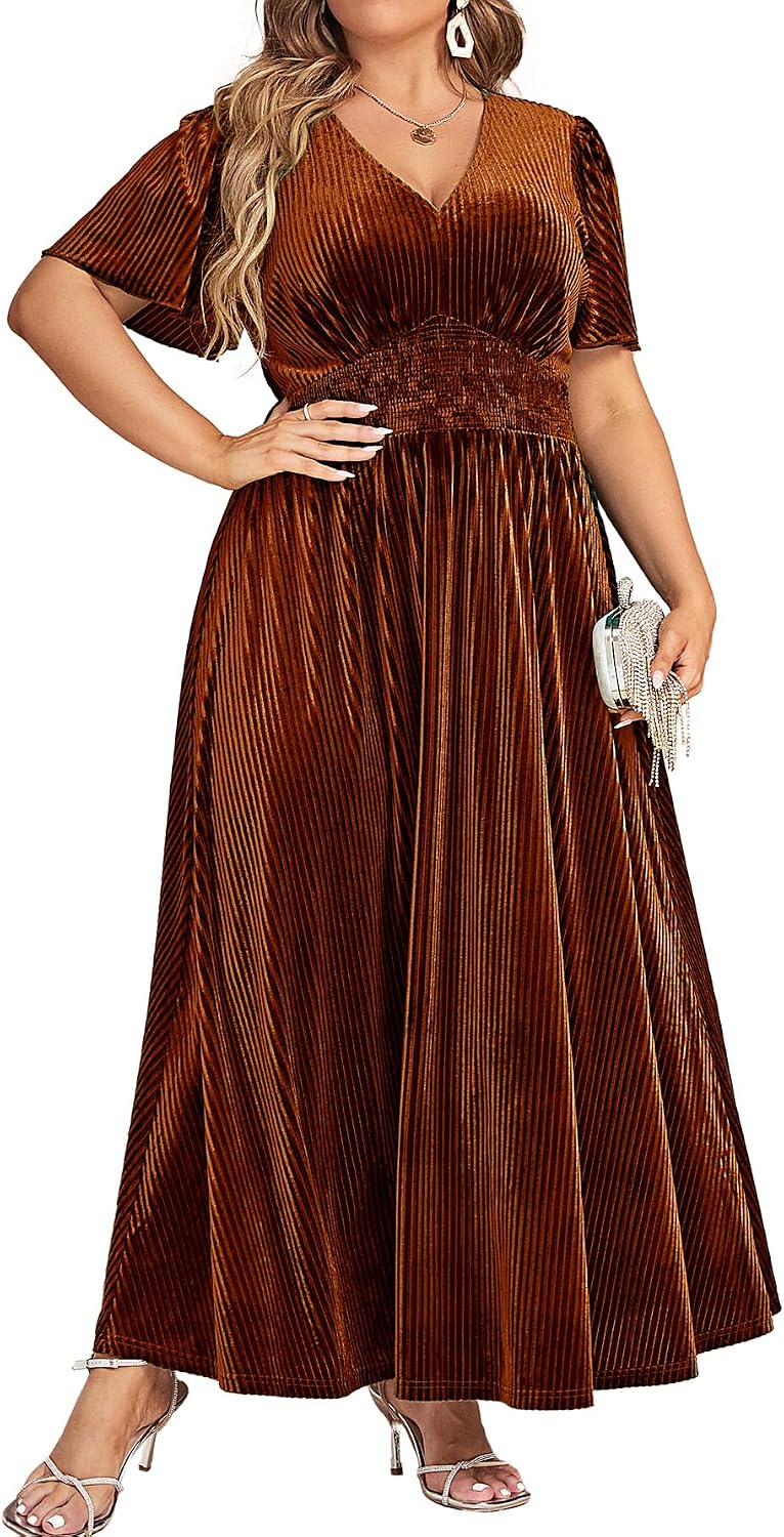 Simplee Women’s V Neck Velvet Maxi Dress Short Sleeve Empire Waist Long Formal Dress for Wedding Guest