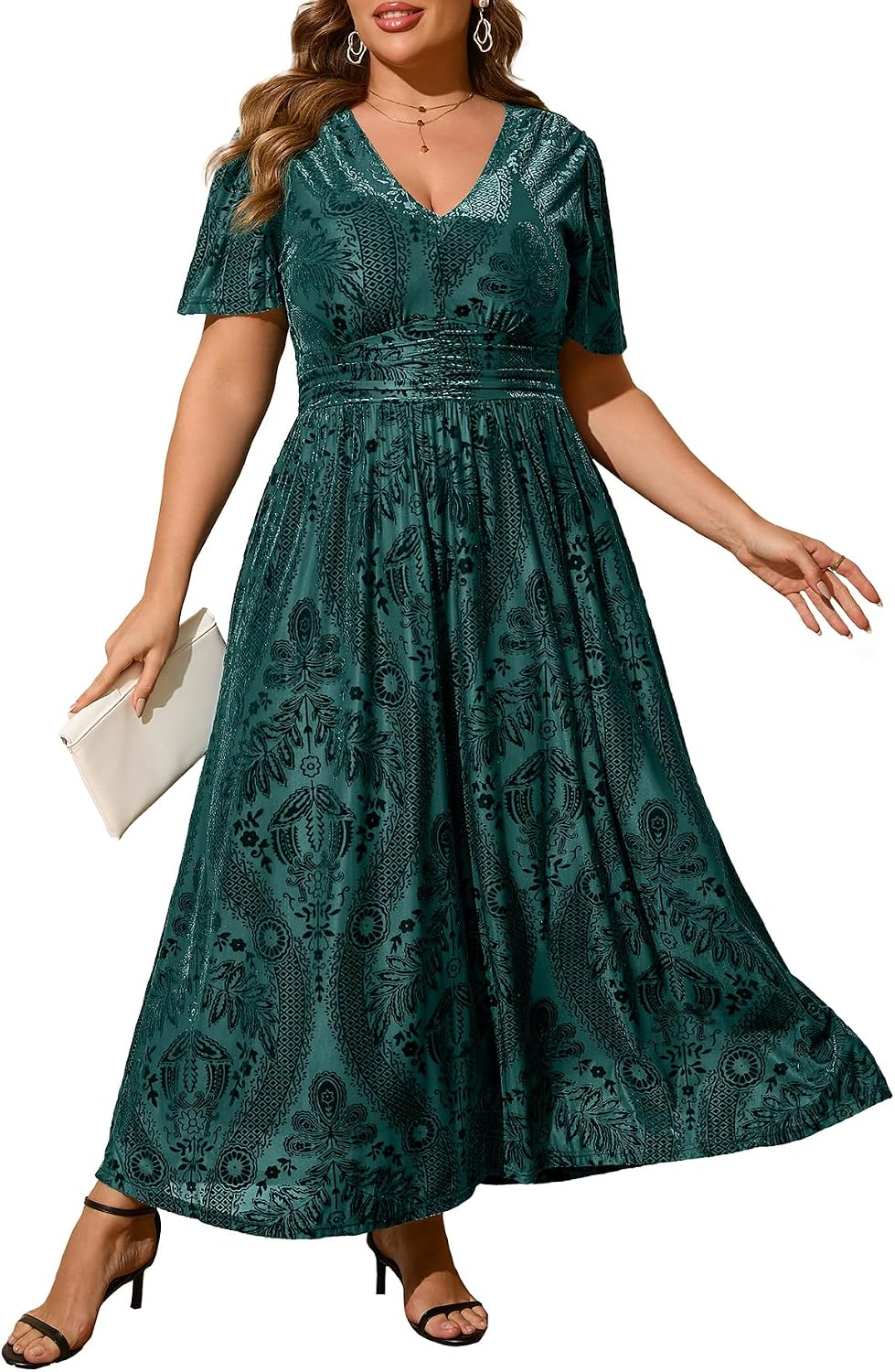Simplee Women’s V Neck Velvet Maxi Dress Short Sleeve Empire Waist Long Formal Dress for Wedding Guest