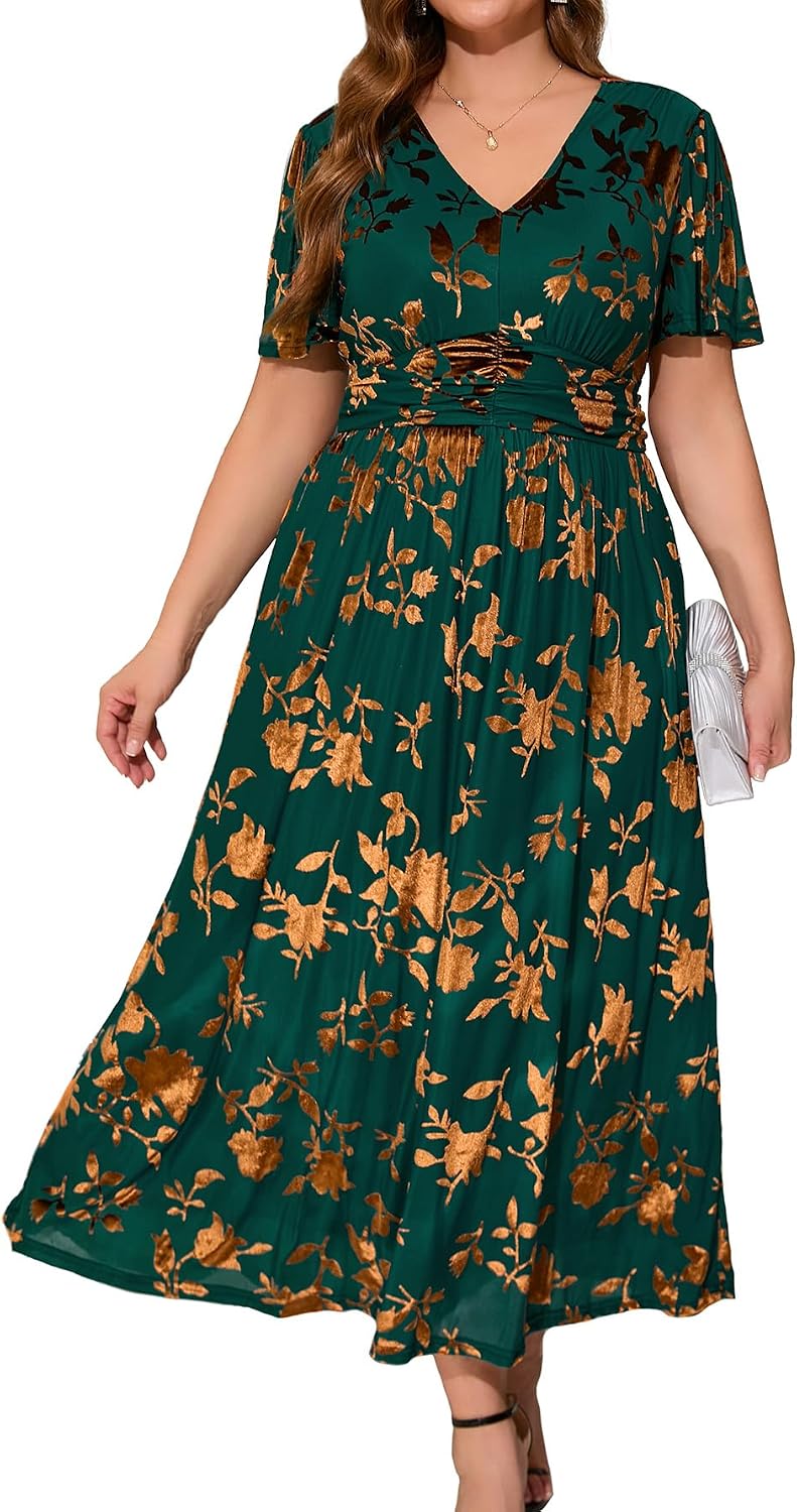 Simplee Women’s V Neck Velvet Maxi Dress Short Sleeve Empire Waist Long Formal Dress for Wedding Guest
