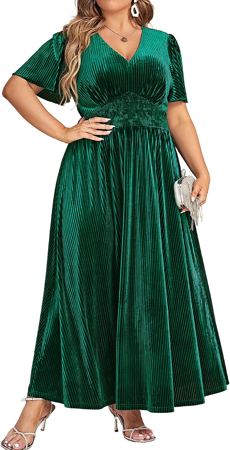 Simplee Women’s V Neck Velvet Maxi Dress Short Sleeve Empire Waist Long Formal Dress for Wedding Guest