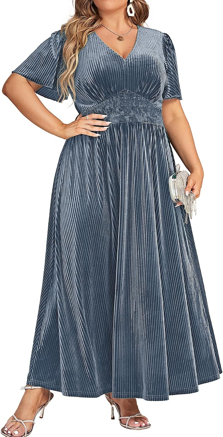 Simplee Women’s V Neck Velvet Maxi Dress Short Sleeve Empire Waist Long Formal Dress for Wedding Guest
