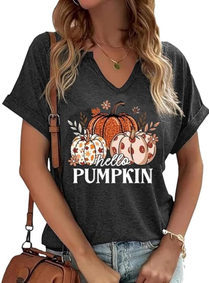 Earlymemb Women Fall Halloween Doodles V Neck Shirt Thanksgiving Casual Tee