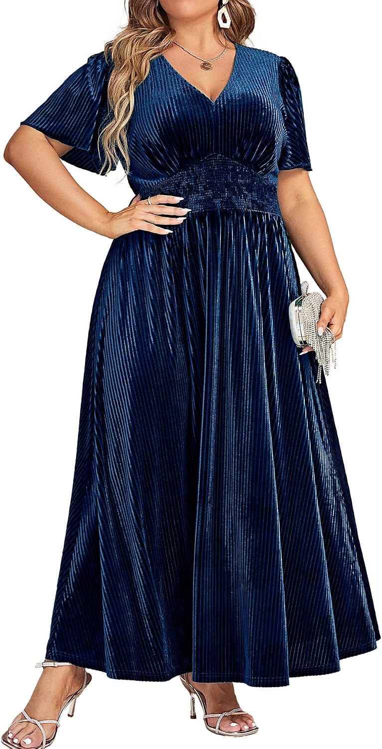 Simplee Women’s V Neck Velvet Maxi Dress Short Sleeve Empire Waist Long Formal Dress for Wedding Guest