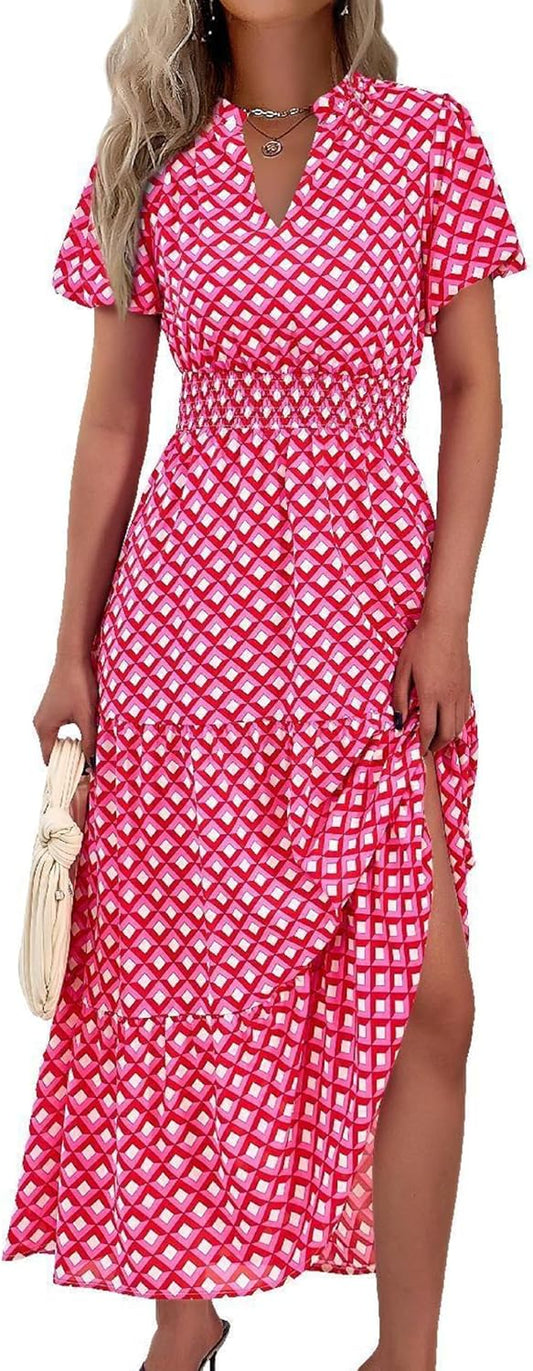 MASCOMODA Summer Maxi Dresses for Women 2026 Short Sleeve Long Floral Dress
