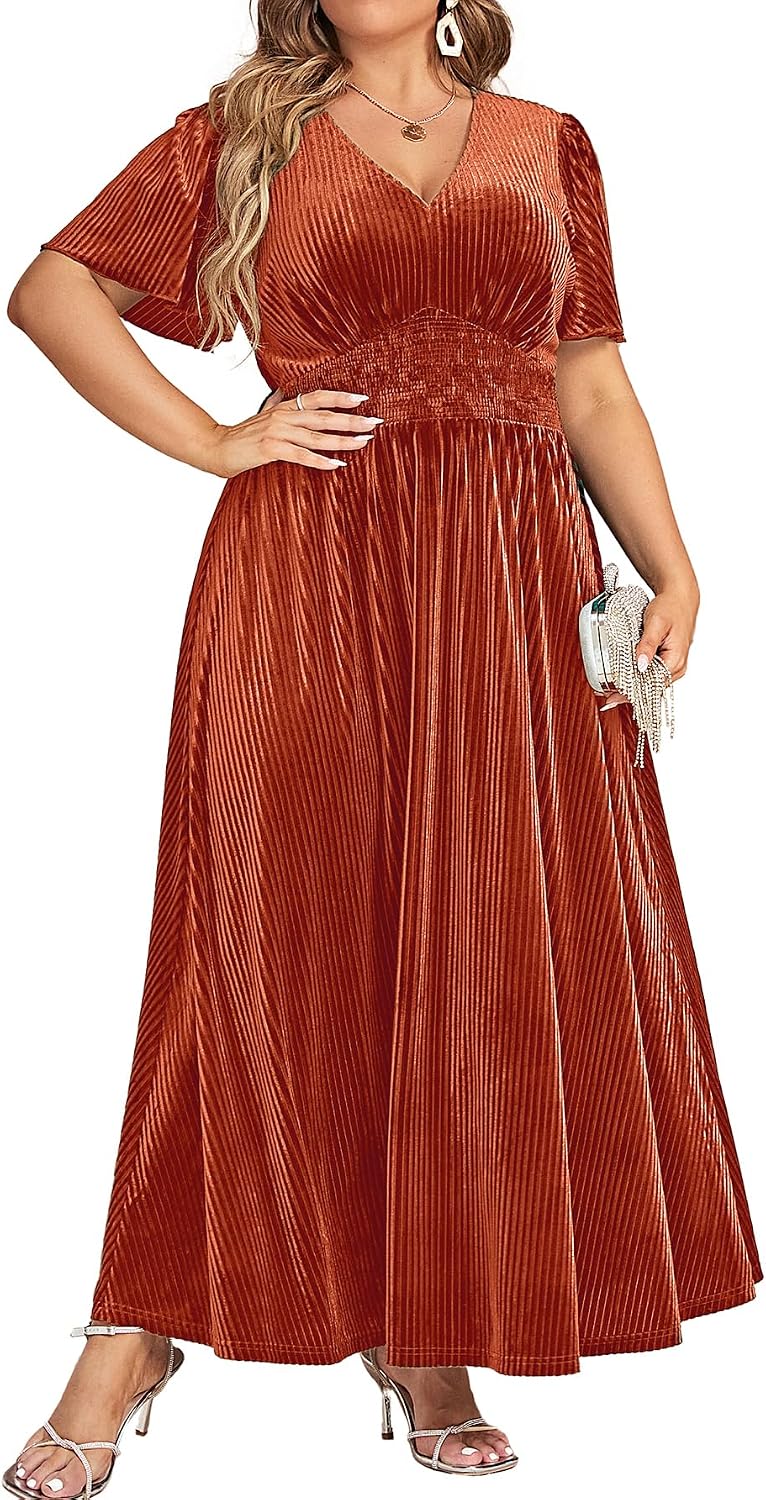 Simplee Women’s V Neck Velvet Maxi Dress Short Sleeve Empire Waist Long Formal Dress for Wedding Guest