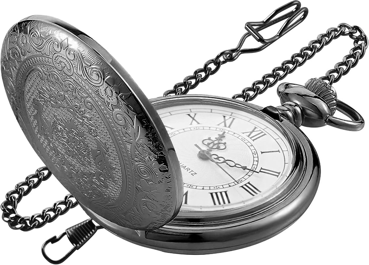 Large Decorative Flower Pattern Quartz Pocket Watch — White Roman Numerals, Men’s, with Chain Main image