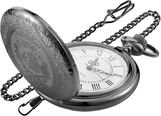 Large Decorative Flower Pattern Quartz Pocket Watch — White Roman Numerals, Men’s, with Chain