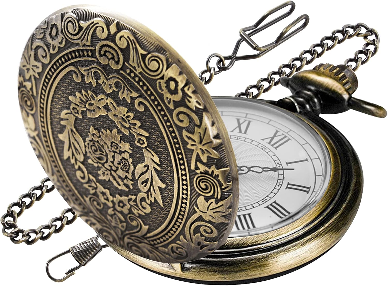 Large Decorative Flower Pattern Quartz Pocket Watch — White Roman Numerals, Men’s, with Chain Secondary image