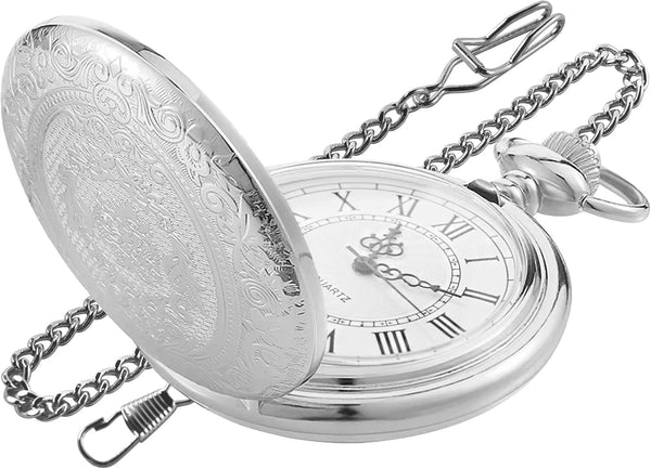 Large Decorative Flower Pattern White Roman Numeral Scale Quartz Pocke