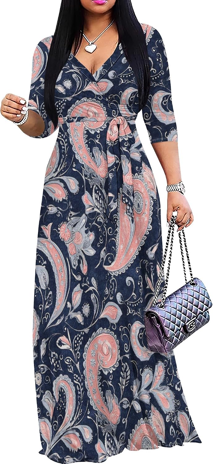 PinkPatty Women's Plus Size V Neck 3/4 Sleeve Boho Maxi Dress with Pockets