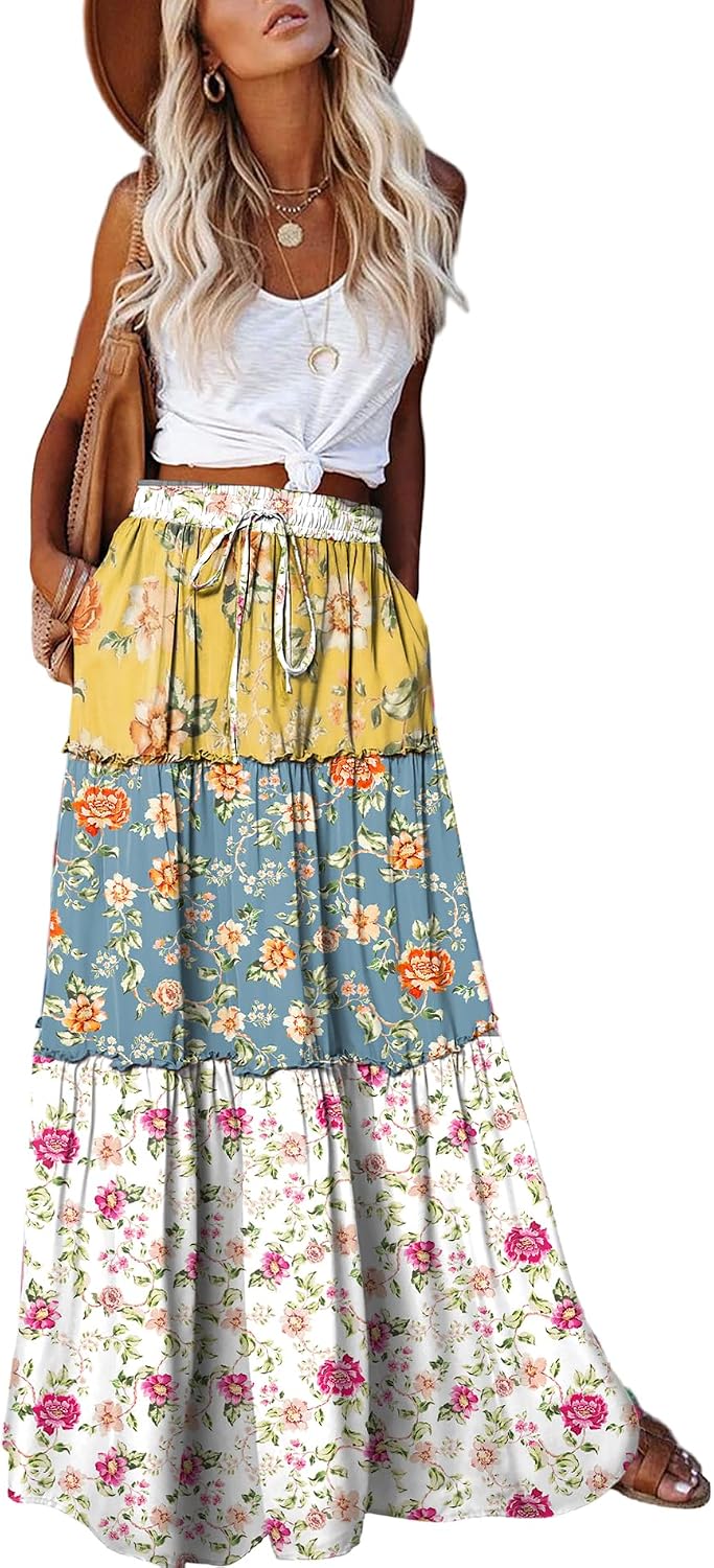 EARKOHA Womens Boho Maxi Skirt 2026 Summer Cruise Casual High Waist Tie Flowy Long Skirt with Pockets For Beach Vacation
