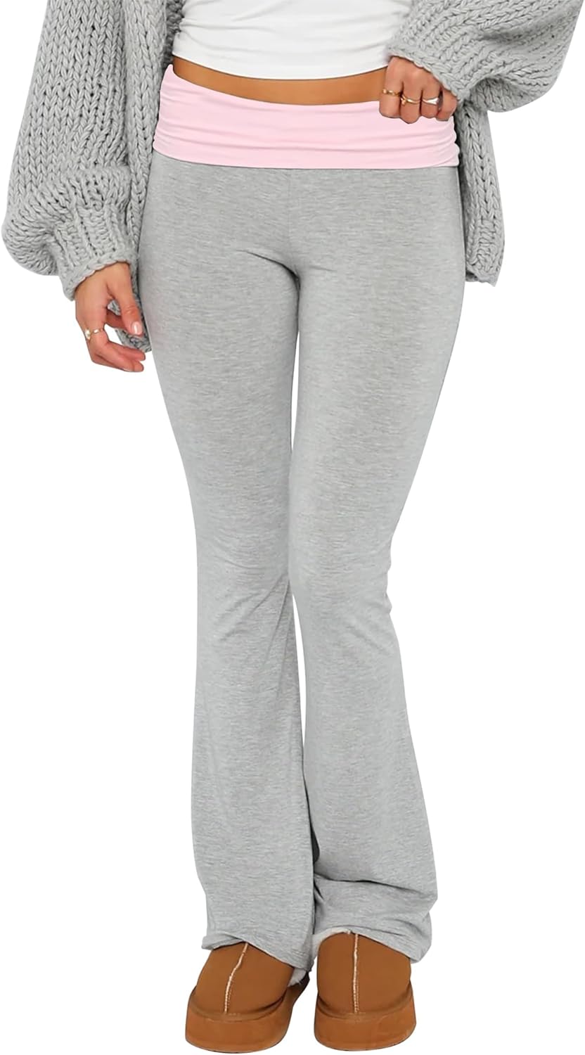 Women's Flare Skinny Pants Fold Over Leggings Stretch