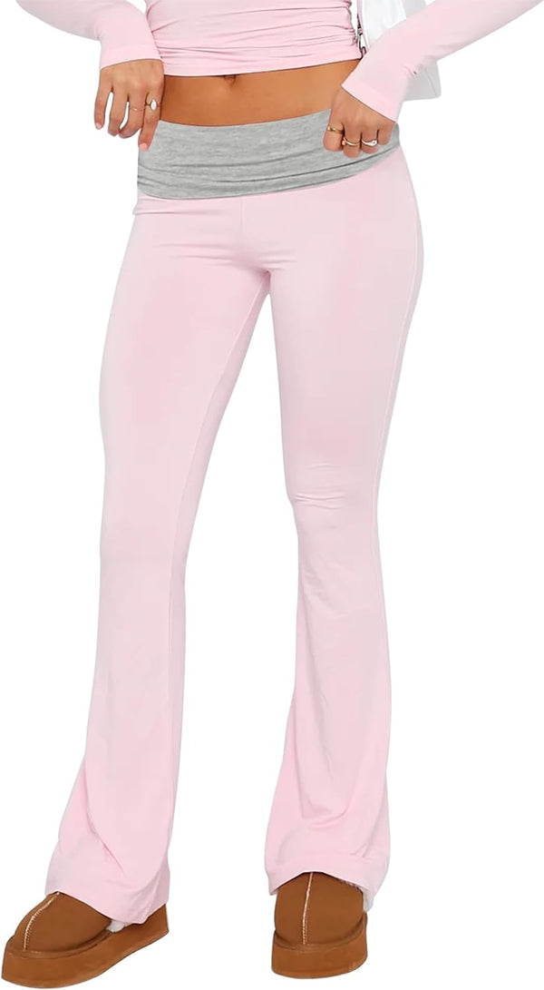 Women's Flare Skinny Pants Fold Over Leggings Stretch