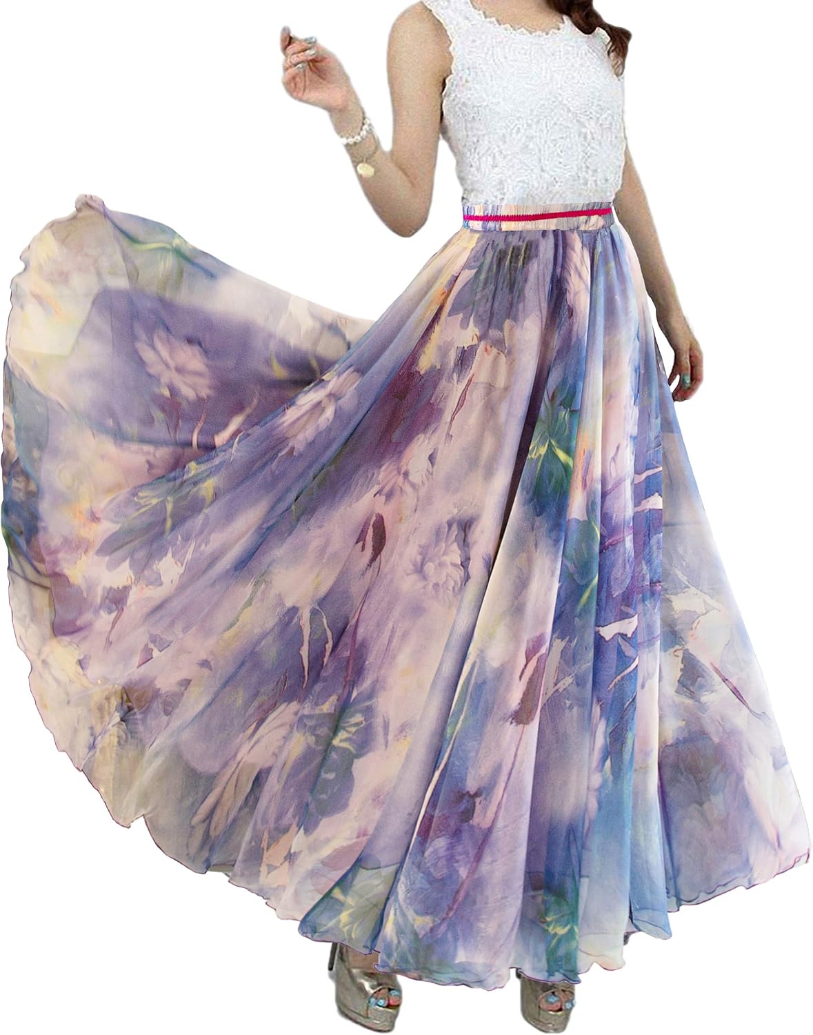 Women Full/Ankle Length Blending Maxi Chiffon Long Skirt Beach Skirt
