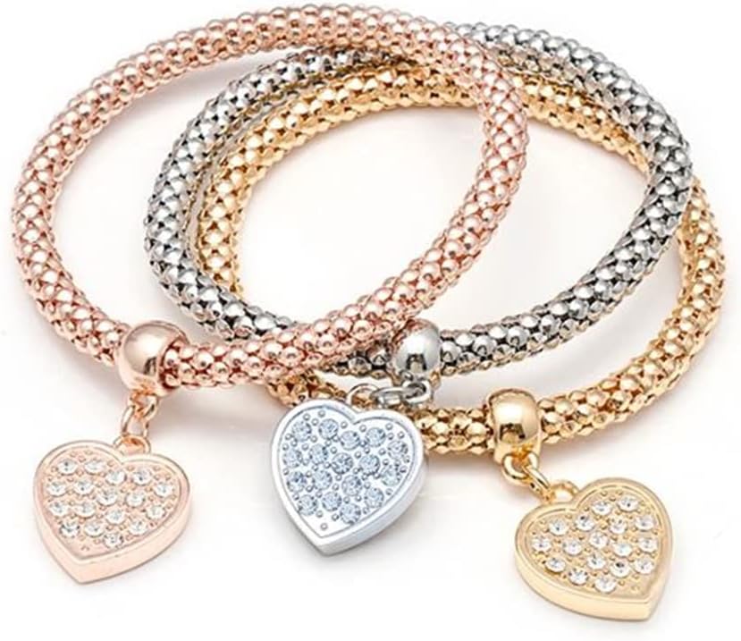 SILANER Crystal Charms Multilayer Bracelets - 3PCS Gold/Silver/Rose Gold Corn Chain Bracelet for Women, Tree of Life Heart Shaped Stretch Bracelet